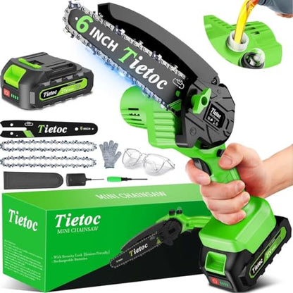 TIETOC Mini Chainsaw Cordless 6 Inch with Large Batteries, 880w Electric Chainsaw with Oiler System,Small Battery Chainsaw for Wood/Trees Cutting for Men Dad Husband Gadget