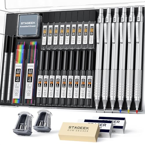 STAGEEK 35PCS Mechanical Pencil Set, 0.5 0.7 0.9 2.0mm Art Pencils, Silver