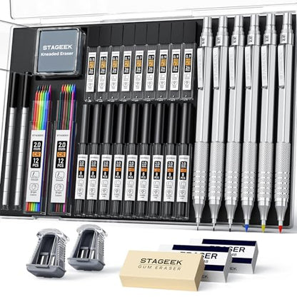 STAGEEK 35PCS Mechanical Pencil Set, 0.5 0.7 0.9 2.0mm Art Pencils, Silver