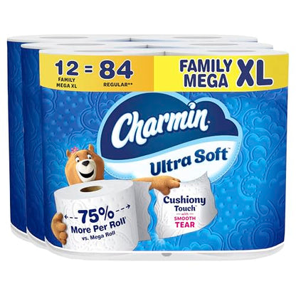 Charmin Toilet Paper Ultra Soft Cushiony Touch, 12 Family Mega XL Rolls = 84 Regular Rolls