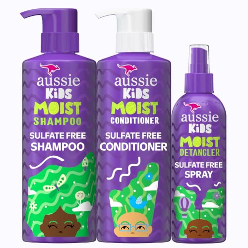 Aussie Kids Moisturize and Detangle Set: Shampoo, Conditioner and Detangling Spray, Sulfate, Paraben, Dye Free, Designed for Kids, 475 mL, 475 mL, 236 mL