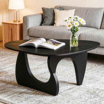 FANCROU Modern Triangle Glass Coffee Table, with and Unique Wooden Base, Mid-Century Small Accent Table for Living Rooms, Offices and Apartments, Black Linen Legs & Black Linen Tabletop, 80CM
