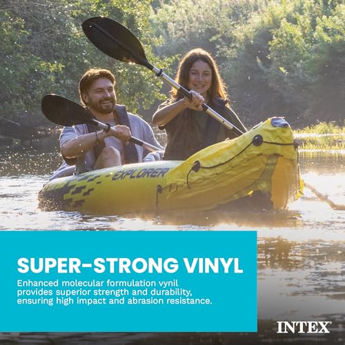 INTEX 68307EP Explorer K2 Inflatable Kayak Set: Includes Deluxe 86in Aluminum Oars and High-Output Pump – SuperStrong PVC – Adjustable Seats with Backrest – 2-Person – 400lb Weight Capacity