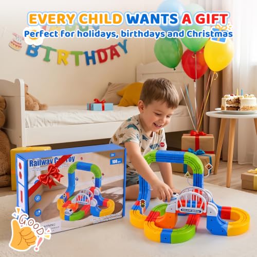 Electric Train Set 3D Track STEM Toy Toddler Gifts for 3-8 Boys Girls | 100PCS Train Sets for Kids Toys, Track Blocks with Flip Hanging Tracks, USB Car, Traffic Signs, Stockings Stuffers for Kids