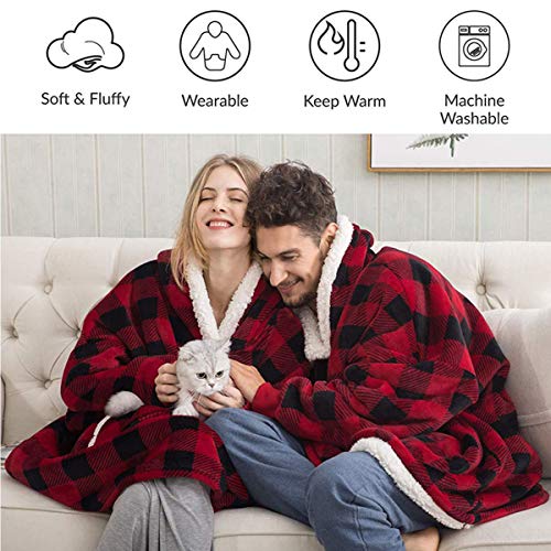 IvyH Oversized Hoodie Blanket Sweatshirt, Super Soft Hoody Home Leisure Plush Hooded Sweater One Size fits Men Women Girls Boys Unisex(Red Plaid)