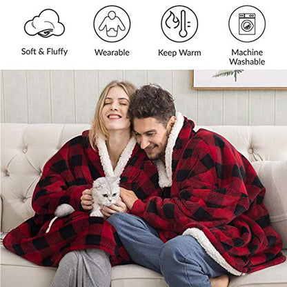 IvyH Oversized Hoodie Blanket Sweatshirt, Super Soft Hoody Home Leisure Plush Hooded Sweater One Size fits Men Women Girls Boys Unisex(Red Plaid)