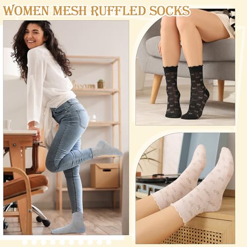 scenicamp 6 Pcs Lace Ruffle Socks for Women, Sheer Frilly Thin Dress Socks
