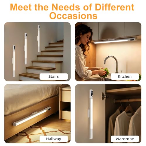 DEXULESA 15.2" 2 Pack Motion Sensor Under Cabinet Lighting with Digital Display, 4 Brightness & 3 Color Temperatures, Rechargeable Led Under Cabinet Lights for Closet Cabinet Bedroom Hallway