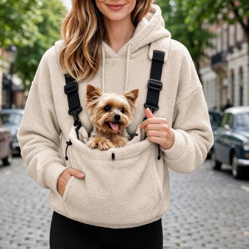 Dog Pouch Sweater Womens Pet Carrier Hoodie 2026 Fall Winter Fleece Sweatshirt Long Sleeve Pullover with Pet Pouch Pocket for Cat Dog Khaki X-Large