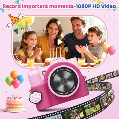 Kids Camera for Big Boys and Girls Flip Screen2.4+Telescopic Zoom 1080P Selfie Photo+Video Digital Camera for Age 5-12 with Cartoon Cover & SD Card Gift Best Chritmas Birthday Festival Gift(Pink)
