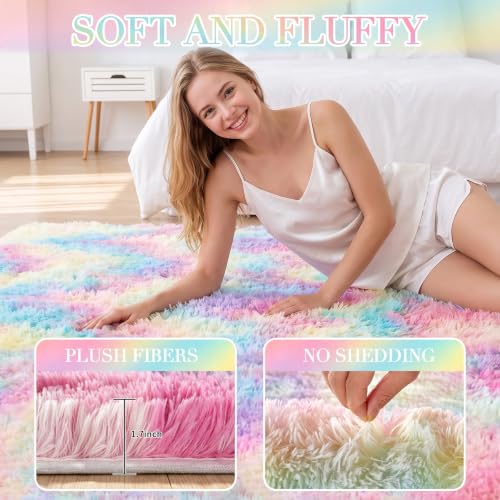 Huiuhjirug Rainbow Fluffy Rug,5x7 Washable Carpet for Living Room Girls Kid