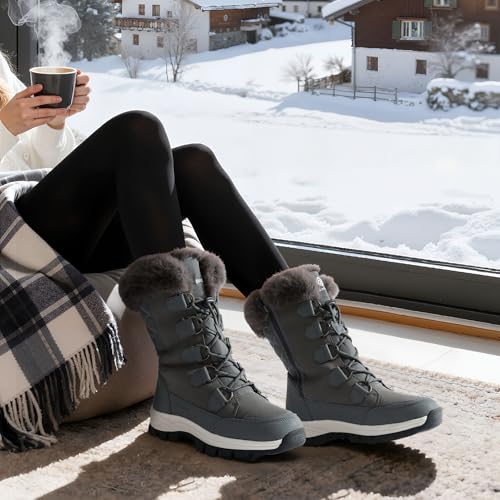 DREAM PAIRS Women's Waterproof Winter Snow Boots,Dark/Grey,7 | Non-Slip,Warm Cozy Fur,Comfortable,Insulated,Mid Calf,Lace Up,for Outdoor Hiking and Daily Walking