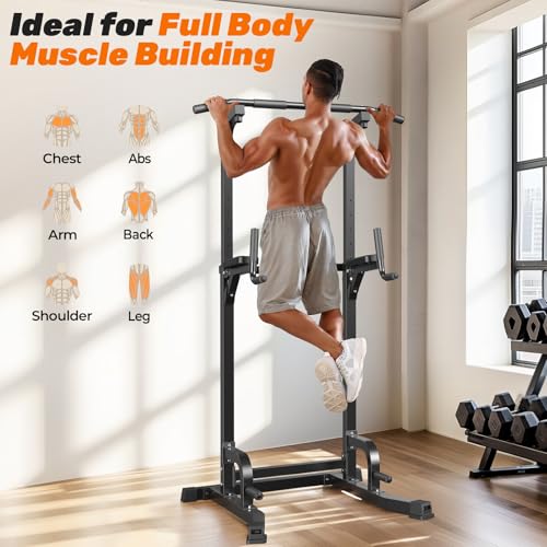 Sportsroyals Power Tower Dip Station Pull Up Bar for Home Gym Strength Training Workout Equipment, 450LBS (Grey)