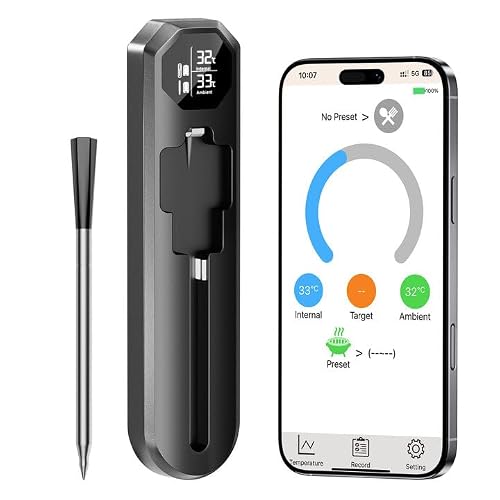 Meat Thermometer Digital for Camping Essentials, Wireless Bluetooth App | 527°F heat-resistant probe; 100m wireless remote range; smart app; for oven, BBQ, grilling & smoking;Kitchen Gadgets