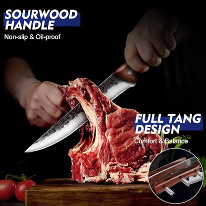 8PCS Chef Butcher Fish Knife Set for Meat Cutting with Roll Bag, Hand Forged Meat Cleaver Knife Boning Carving Knife Set for Home、Camping、BBQ