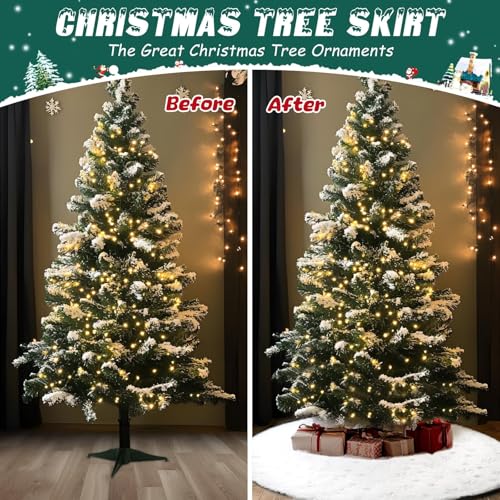 36 Inch Luxury White Faux Fur Tree Skirt with Silver Snowflake Sequins, HAOSHUOGE - Large Plush Christmas Tree Mat for Winter, Soft and Cozy Christmas Tree Decoration