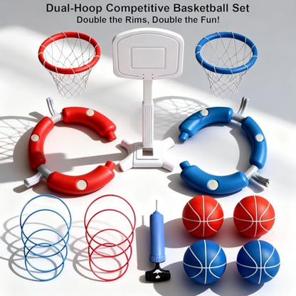 Dual Pool Basketball Hoop with Backboard for Boys Girls 2-in-1 Floating Pool Toys Ring Game 4 Balls 8 Rings & Pump Outdoor Swimming Pool Basketball Games Water Play Summer Toy for Adults and Family