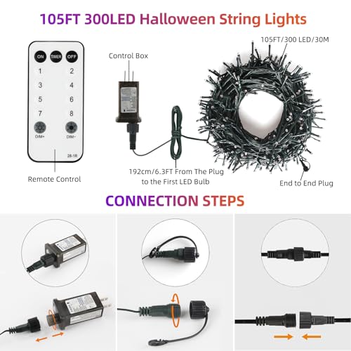 Tcamp 105FT 300 LED Orange Purple Halloween Lights Remote Timer Memory