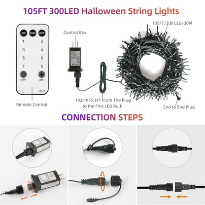 Tcamp 105FT 300 LED Orange Purple Halloween Lights Remote Timer Memory