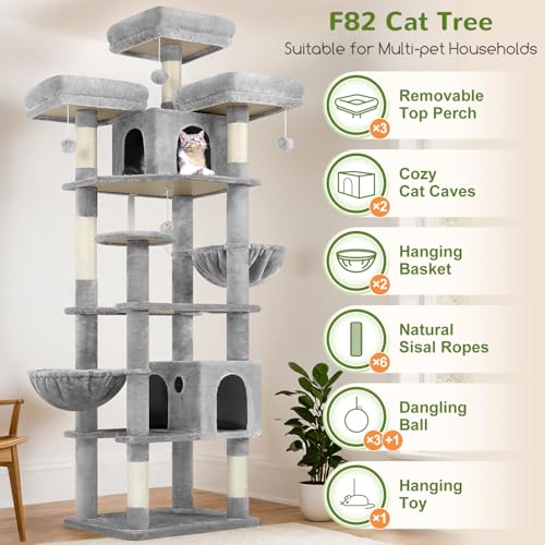 Globlazer Cat Trees and Towers for Multiple Adult Cats, 82-inch XXL Tall Cat Tree Tower for Indoor Cats with Scratching Post, 3 Perches, 2 Hanging Baskets, 2 Condos, Light Grey, F82