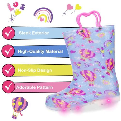 Kids Light Up Rain Boots for Girls, Hot Air Balloon, Big Kid Size 1