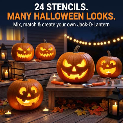 Halloween Pumpkin Carving Kit, 24pcs Pumpkin Cutters & 2pcs Carving Tools | Stainless Steel 26pcs Pumpkin Carving Knife Tools Set for Adults Beginners, Easy Safe Fun DIY Jack-O-Lantern Halloween Decor