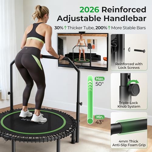 BCAN 450 LBS Foldable Mini Trampoline, 40" Fitness Trampoline with Adjustable Handle Bar, Bungees, Stable & Quiet Exercise Rebounder for Adults Indoor/Garden Workout-Green
