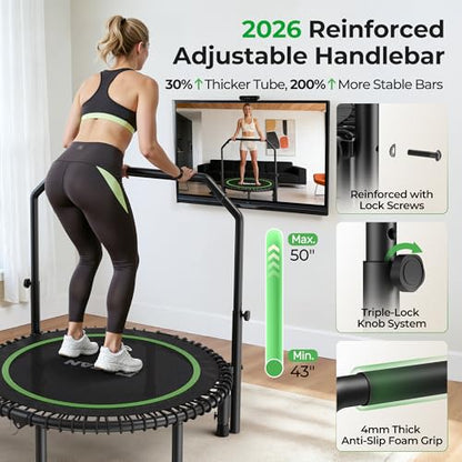 BCAN 450 LBS Foldable Mini Trampoline, 40" Fitness Trampoline with Adjustable Handle Bar, Bungees, Stable & Quiet Exercise Rebounder for Adults Indoor/Garden Workout-Green