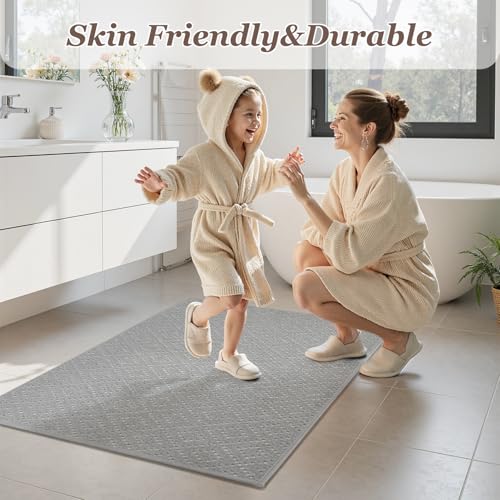 TCHDIO Chenille Bath Mat Super Absorbent Bathroom Mat Non Slip Rubber Backed Bath Mats for Bathroom Quick Dry Bathroom Rug Machine Washable Thin Bath Rug Fit Under Door, Shower, Bathtub,17"X 28"Grey