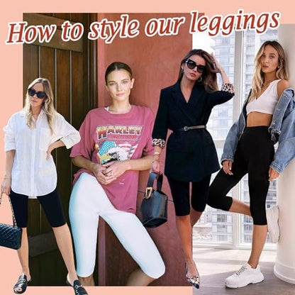 DHSO Women's Knee Length Leggings, High Waisted Biker Shorts with Pockets