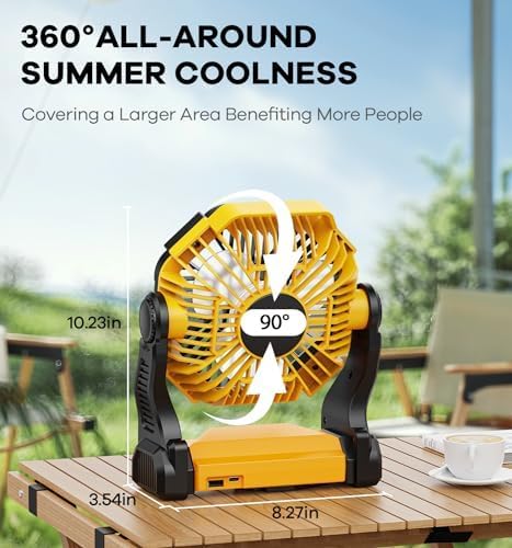 DOWILLDO 20000mAh Battery Operated Fan, Camping Fan Rechargeable with LED Light & Hooks, Portable Tent Fan Outdoor for Picnic, Barbecue, Fishing, Travel（Yellow）