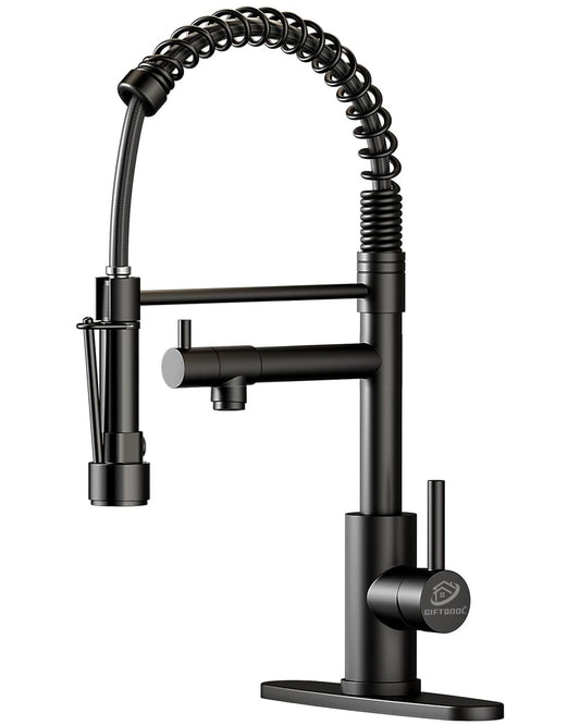 GIFTQOOL Kitchen Faucet with Pull Down Sprayer Dual Pot Filler, Matte Black Stainless Steel Kitchen Sink Faucets Single Handle High Arc Spring Commercial Tap 1 Hole Modern Faucets
