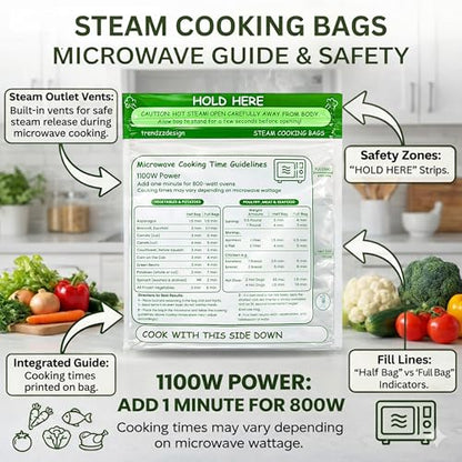 25 Pack Microwave Steamer Bags for Vegetables, Seafood & Potatoes, Zipper Closure, Reusable, Bpa Free, Steamer Bags for Microwave Cooking