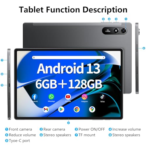 Android 13 Tablet 10.51 inch with 6GB RAM 128GB ROM, Octa-Core 2.0Ghz Processor, 1920 * 1200 FHD IPS Touch Screen, 5+13MP Dual Camera, 6200mAh Battery, 5G WiFi, Bluetooth 5.0 (Black)