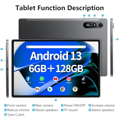 Android 13 Tablet 10.51 inch with 6GB RAM 128GB ROM, Octa-Core 2.0Ghz Processor, 1920 * 1200 FHD IPS Touch Screen, 5+13MP Dual Camera, 6200mAh Battery, 5G WiFi, Bluetooth 5.0 (Black)