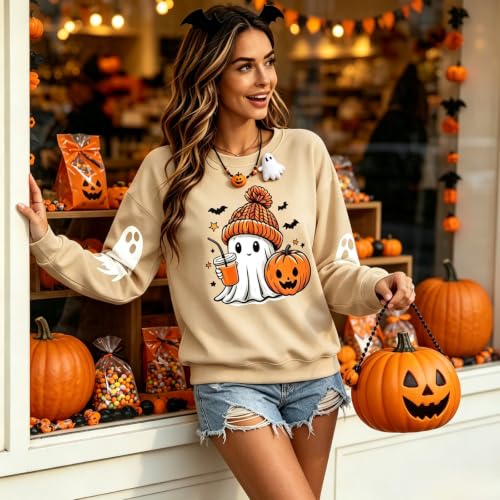 Women's Halloween Sweatshirt Cute Ghost Spooky Graphic Crewneck Top