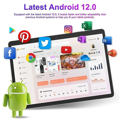 Android 12 4(2+2) GB RAM 64GB ROM Tablet with 10.1 Inch 1280 * 800 IPS Srceen, Octa-Core 1.6GHz Processor, 5MP+2MP Dual Camera, 5000mAh, WiFi, Bluetooth 5.0, GPS, 256GB Expansion