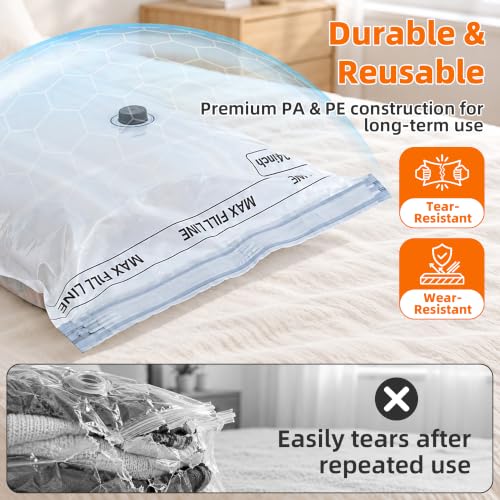 Vacuum Storage Bags for Travel with Rechargeable Pump, 12 Pack, 3 Sizes | Reusable vacuum sealer bags for clothes, luggage, suitcase and closet storage; clear front for easy viewing and opaque back