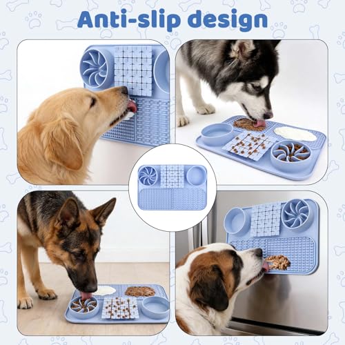 EaTubano Slow Feeder Dog Bowl Cat Food Mat Silicone Lick Mat for Dogs with Snuffle Area, Suction Cup and Multiple Licking Patterns(Blue)