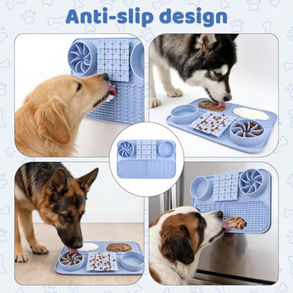 EaTubano Slow Feeder Dog Bowl Cat Food Mat Silicone Lick Mat for Dogs with Snuffle Area, Suction Cup and Multiple Licking Patterns(Blue)