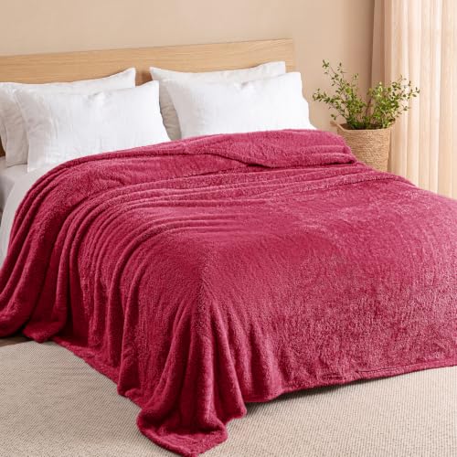 Exclusivo Mezcla Fuzzy Plush Fleece Bed Blanket King Size, Deep Red