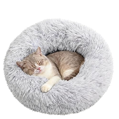 20in Donut Pet Bed, Calming Cushion for Small/Medium Dogs & Cats, Fluffy, Washable Light Brown