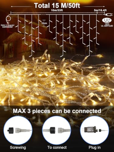 ROOR 50FT Christmas Icicle Light Outdoor 300 LED Christmas Light Warm White | 8 Modes with Remote Timer, IP65 Waterproof Connectable Icicle String Light for Xmas Eaves Window Holiday Party Yard Decor