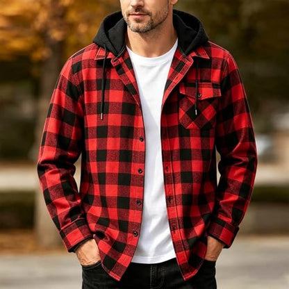 Hooded Flannel Jacket Men Long Sleeve Button Down Plaid Shirt Red