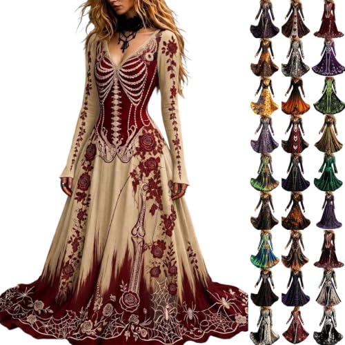 Women's Halloween Dresses Costume Long Sleeve Gothic Skeleton Maxi Dress