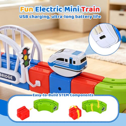 Electric Train Set 3D Track STEM Toy Toddler Gifts for 3-8 Boys Girls | 100PCS Train Sets for Kids Toys, Track Blocks with Flip Hanging Tracks, USB Car, Traffic Signs, Stockings Stuffers for Kids