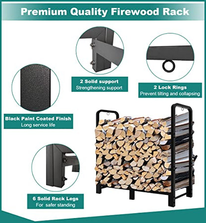 Fandature 4Ft Firewood Rack Adjustable Fireplace Wood Holder for Outdoor Indoor Storage Log-Heavy Duty Fire Log Lumber Stand Stacker, Black