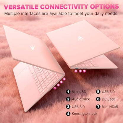 Auusda Lightweight Portable Pink Laptop, Win 11 Pro, 4-Core Processor