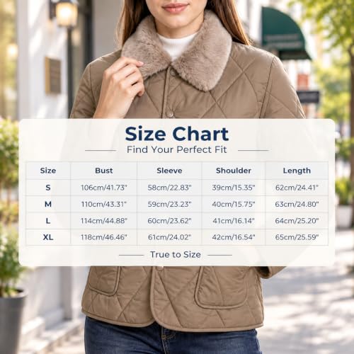 Women's Lightweight Quilted Jacket Faux Fur Collar Short Padded Coat Button Down Casual Mild Weather Outerwear with Pockets