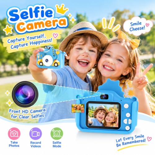 Kids Digital Camera, 1080P HD Video Camera for Toddlers with 32GB SD Card, Dinosaur Protective Case, Card Reader, Fun Selfie Toy Camera for Ages 3-12, Christmas/Birthday Gift for Boys & Girls